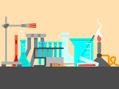 Scientific still life. Flat design Illustration. beaker bunsen burner flask laboratory petri dish rack science shaker test tubes tripod tweezers universal support