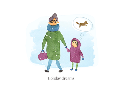 Holiday dreams celebrate character dog girl holiday illustration newyear people postcard watercolor wishes