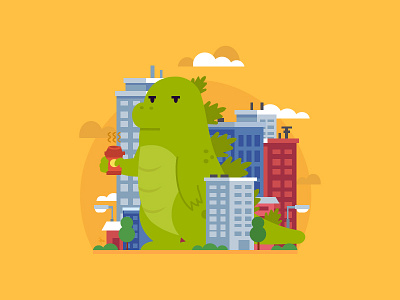 Monday Mornings city clouds dino dinosaur godzilla yellow