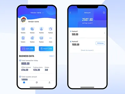 One APP for merchants app blue data icon iphonex list statistics ui ux