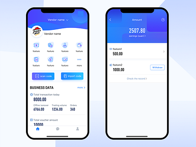 One APP for merchants app blue data icon iphonex list statistics ui ux