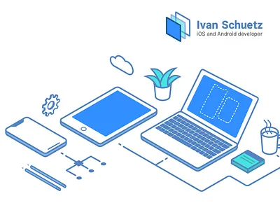 Mobile developer hero illustration desk illustration iphone macbook mobile notebook pencil x