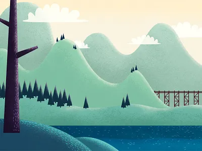 Fluffy mountains 2d cloud illustration lake landscape mountains sun