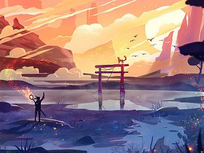 Torii Painting #1 art artwotk atmospheric character environment flat fox illustration nature painting sun