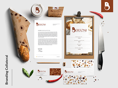 Bertoni Brand Business Collateral bakery logo branding brown logo business card cafe envelope food logo letterhead logo logo design pastry restaurant menu