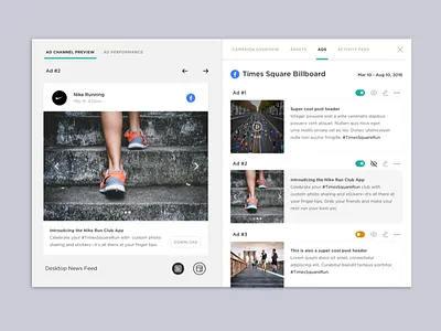 Ads Manager ads campaign dashboard enterprise facebook preview side pane ui web design