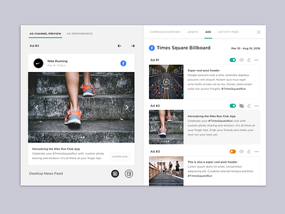 Ads Manager ads campaign dashboard enterprise facebook preview side pane ui web design