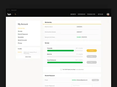 TWIP - My Account account credits dashboard email membership password profile settings travel trip user web