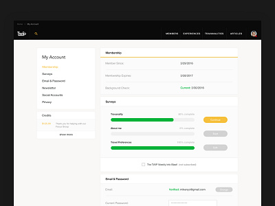 TWIP - My Account account credits dashboard email membership password profile settings travel trip user web