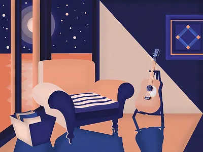 Sweet night contrast guitare living room moonlight night orange purple shadows