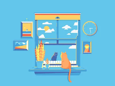 Sunday Afternoon Staring Contest animals cats house illustration pets vector window