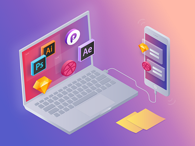 Isometric illustration colors gradient illustration iphone isometric macbook vector workspace