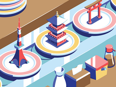 Sushi city food isometric japan sushi tokyo tower