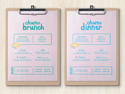 Chama Menu branding bright copywriting custom font handwritten illustration menu playful print collateral restaurant script watercolor