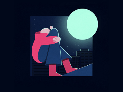 In Low Spirits... city girl illustration light moon sad