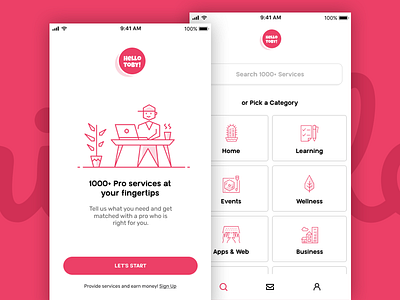Debut shot | Hellotoby app app bold categories clean grid icons ios minimal mobile red typography ui