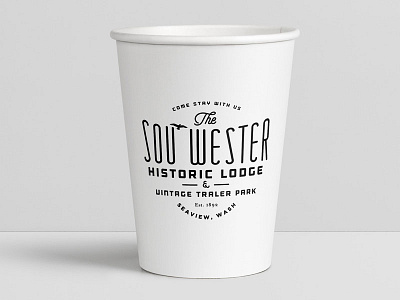 The Sou'Wester Lodge branding coffee cup design rain shine type vibes