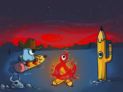 Gather round ya'll ampersands camp fire cowboys illustration pencils photoshop sun set western