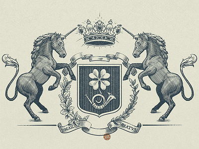 "Lucky post" logo in heraldry style engraving etching graphic hatching heraldry illustration ink inktober logo logotype unicorn woodcut