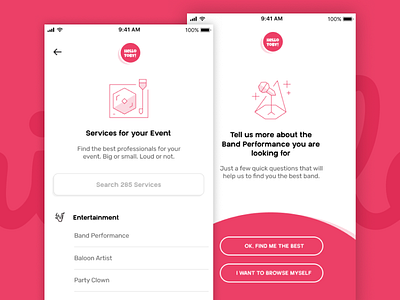 Hellotoby category screen and questionnaire intro app category clean entertainment icons minimal mobile pink red services ui