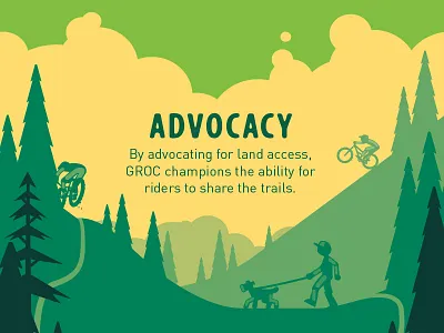 GROC Campaign bicyclist clouds cyclist dog dog walking illustration manual mountain bike mountain biking mountains outdoors trail trees vector