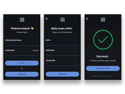 Gameleap Registration Flow - Gameleap App app dark emoji gameleap gaming login logo ui ux white