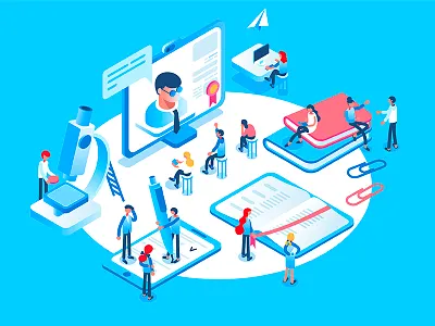 Students try learning. Online education concept. business computer conference dmit education elearning isometric knowledge learning online students training