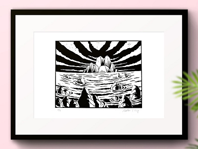 Landscape Stamp art black engraving landscape lithography ocean print sea stamp traditional