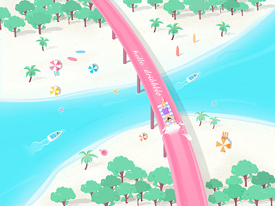 Hello dribbble~ beach blue boat bridge grass illustration pink sand sea tree