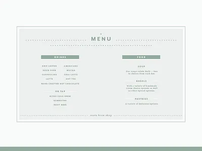 Roots Brew Menu character coffee coffee shop food menu old school type web