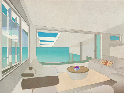 Living Room architecture beach books design geometry gradient home house minimal room sky summer