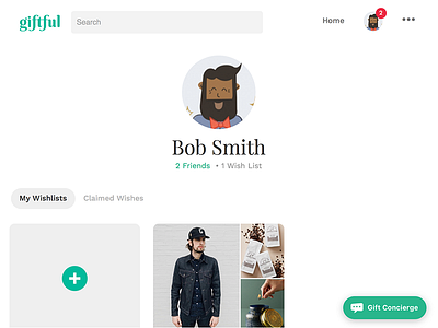 Giftful Dashboard interface website wishlist