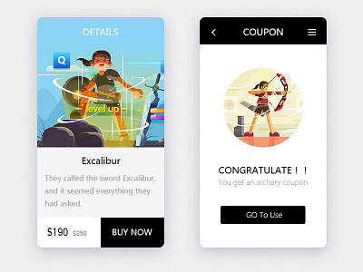 Illustrations of alone series in UI design 2 app archer card excalibur game illustration order，coupon ui ygg