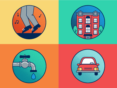 Graphic Icons apartment blue car dancing iconography icons illustration red water yellow
