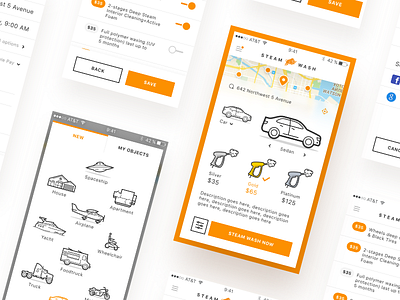 Steam WASH app car icons mobile orange ui ux wash