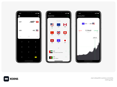 Koins converter currency dark dieter flat ios iphone minimalist notch ui white x
