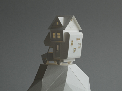 Camper with house architecture artwork craft handmade model paper papercraft sculpture white