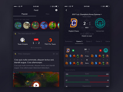 eSports Match Results app csgo dota esports ios league of legends lol mobile pubg team ui