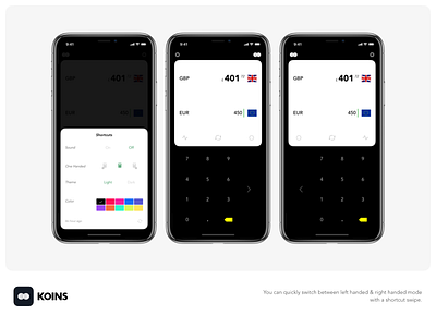 Koins - left handed & right handed mode converter currency dark dieter flat ios iphone minimalist notch ui white x