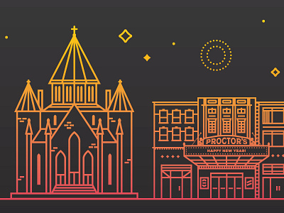 Town at Night buildings church gradient monoline night simple stars theatre vector