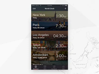 iPhone World Clock Redesign amsterdam clock dark ui design iphone new york paris redesign time ui