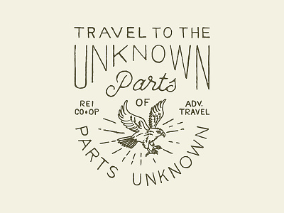 Parts Unknown badge flacon illustration lettering outdoors rei co op script