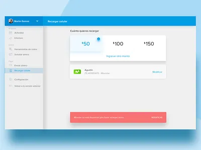 Desktop cell phone flow view blue card cellphone clean error mobile payment recharge snackbar
