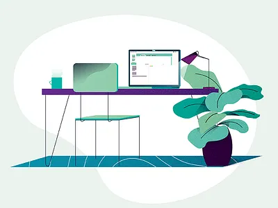 Desk illustration chair coffee computer desk illustration plant