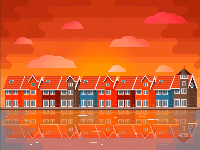 Calm Evening buildings clouds house lake river sea sunset water