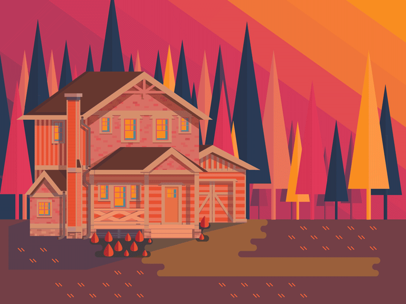 Sunset Cabin building cabin house smoke sunset trees woods