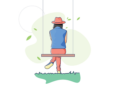 Lonesome character girl green hat jeans leaves. grass lonely shoes summer swing wind