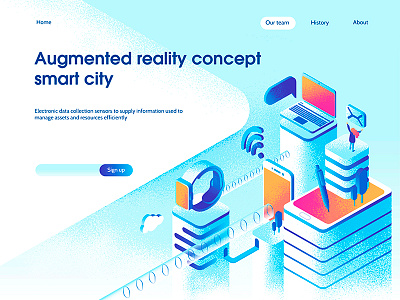 Smart city landing page concept 3d apps city devices dmit isometric laptop page smart technology web