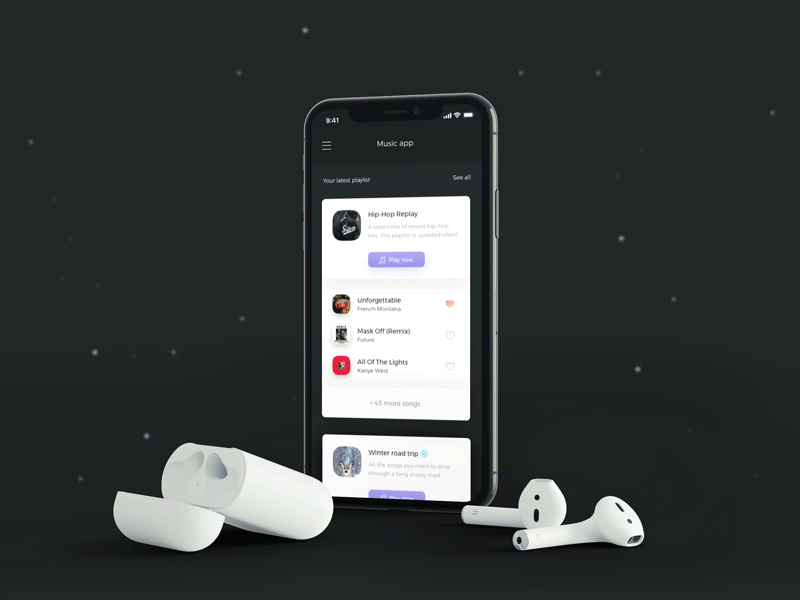 Playlist app 👑 animated app card daily ui dark theme minimalism mockup motion music ui