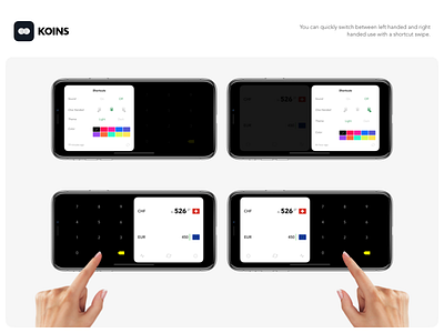 Koins - left handed & right handed mode currency dark dieter flat ios iphone landscape minimalist notch ui white x